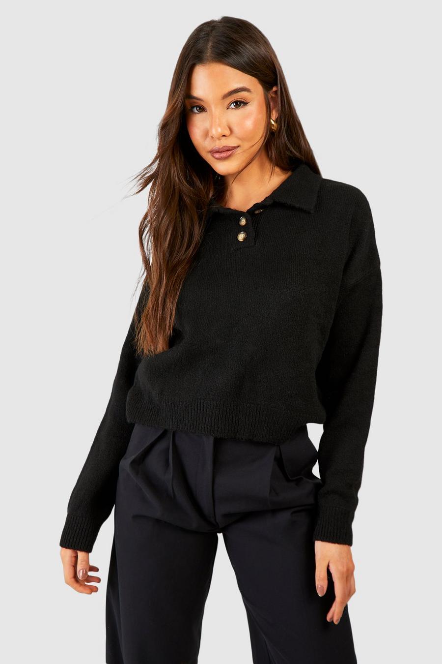 Black Soft Knit Sweater With Polo Collar