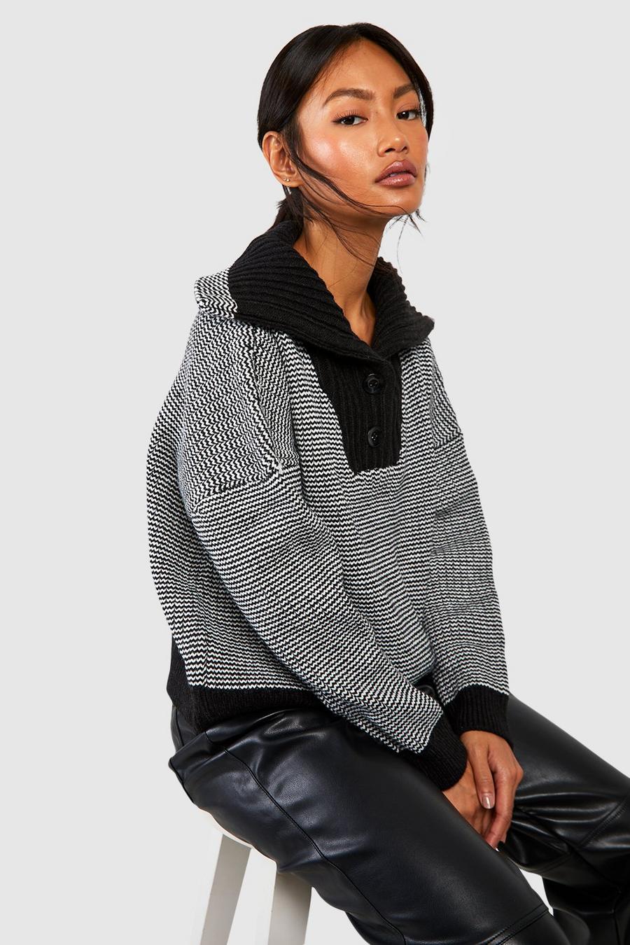 Black Chunky Boyfriend Sweater With Button Collar