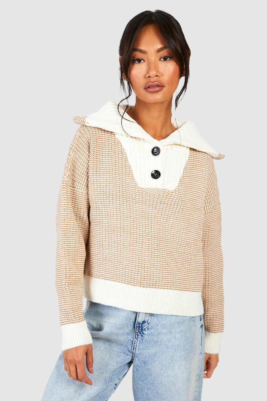 Camel Chunky Boyfriend Sweater With Button Collar