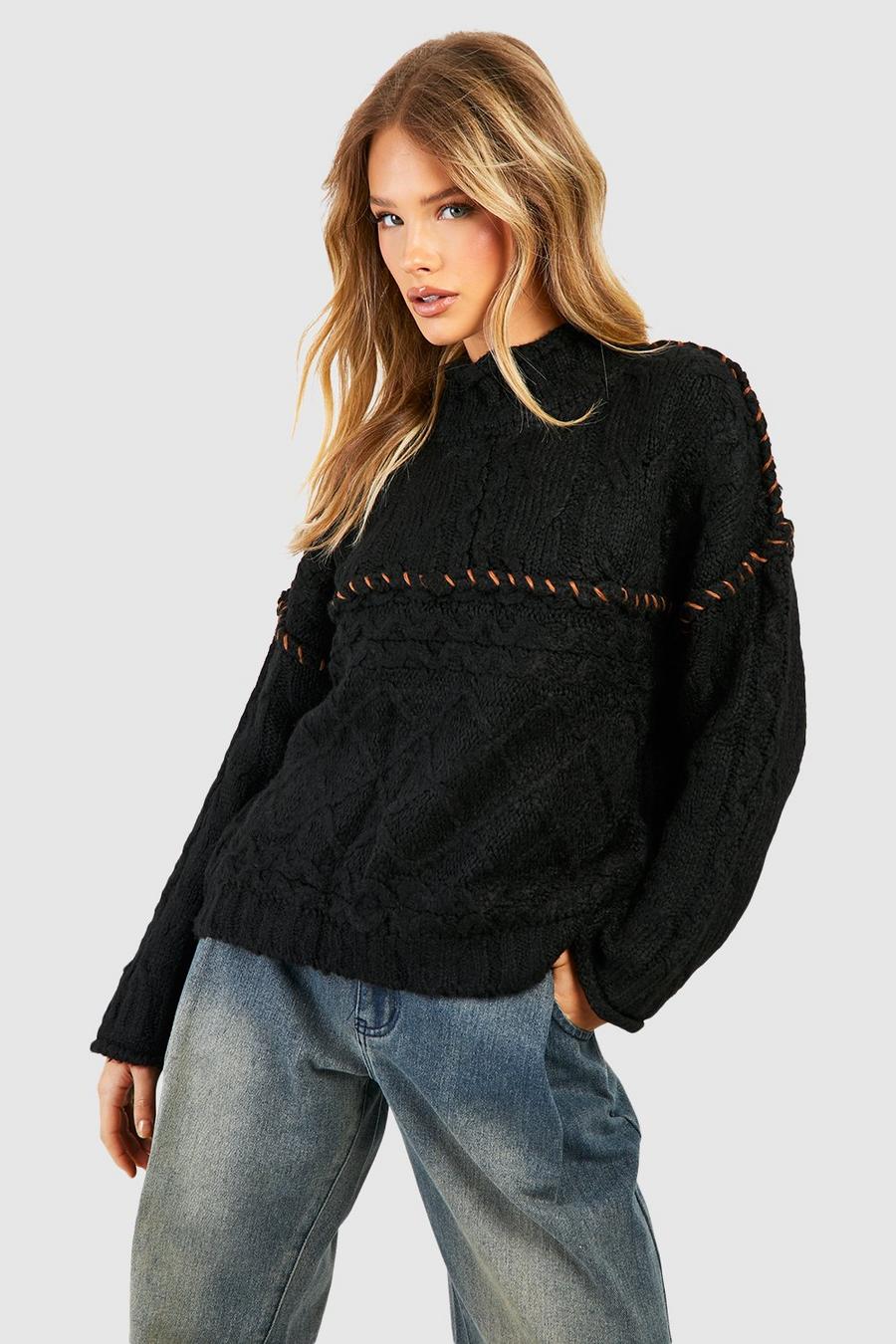 Maglione in maglia spessa con cuciture a contrasto, Black