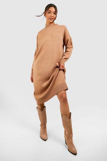 Camel Beige Fine Gauge Midi Sweater Dress