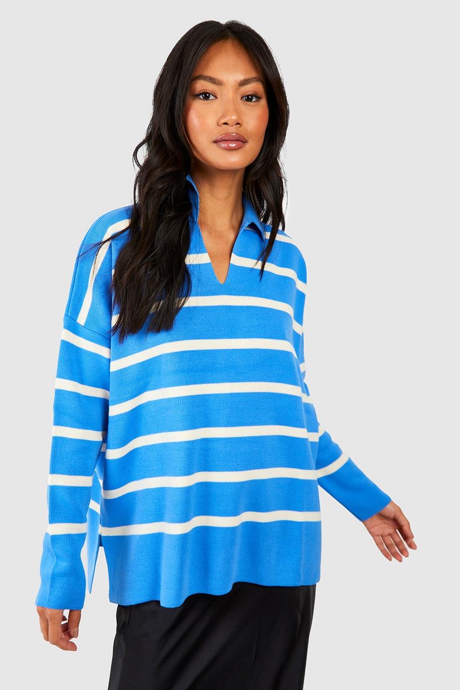 Blue Polo Collar Stripe Sweater image number 1