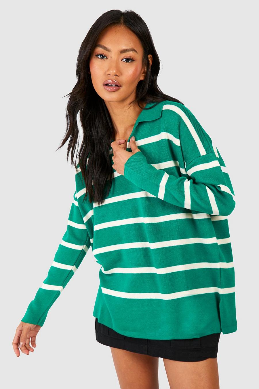 Green Polo Collar Stripe Jumper image number 1