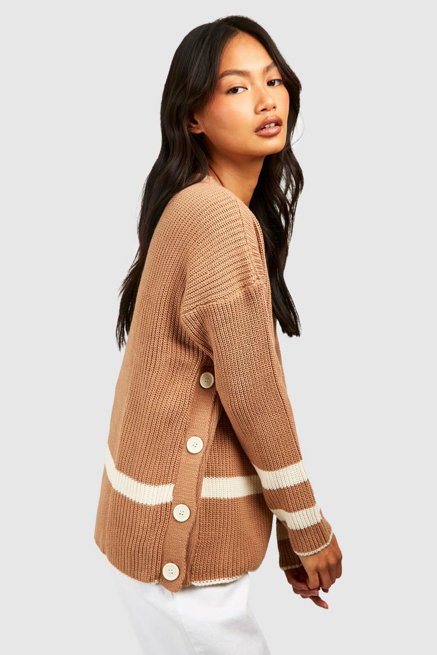 Camel Button Detail Stripe Trim Sweater