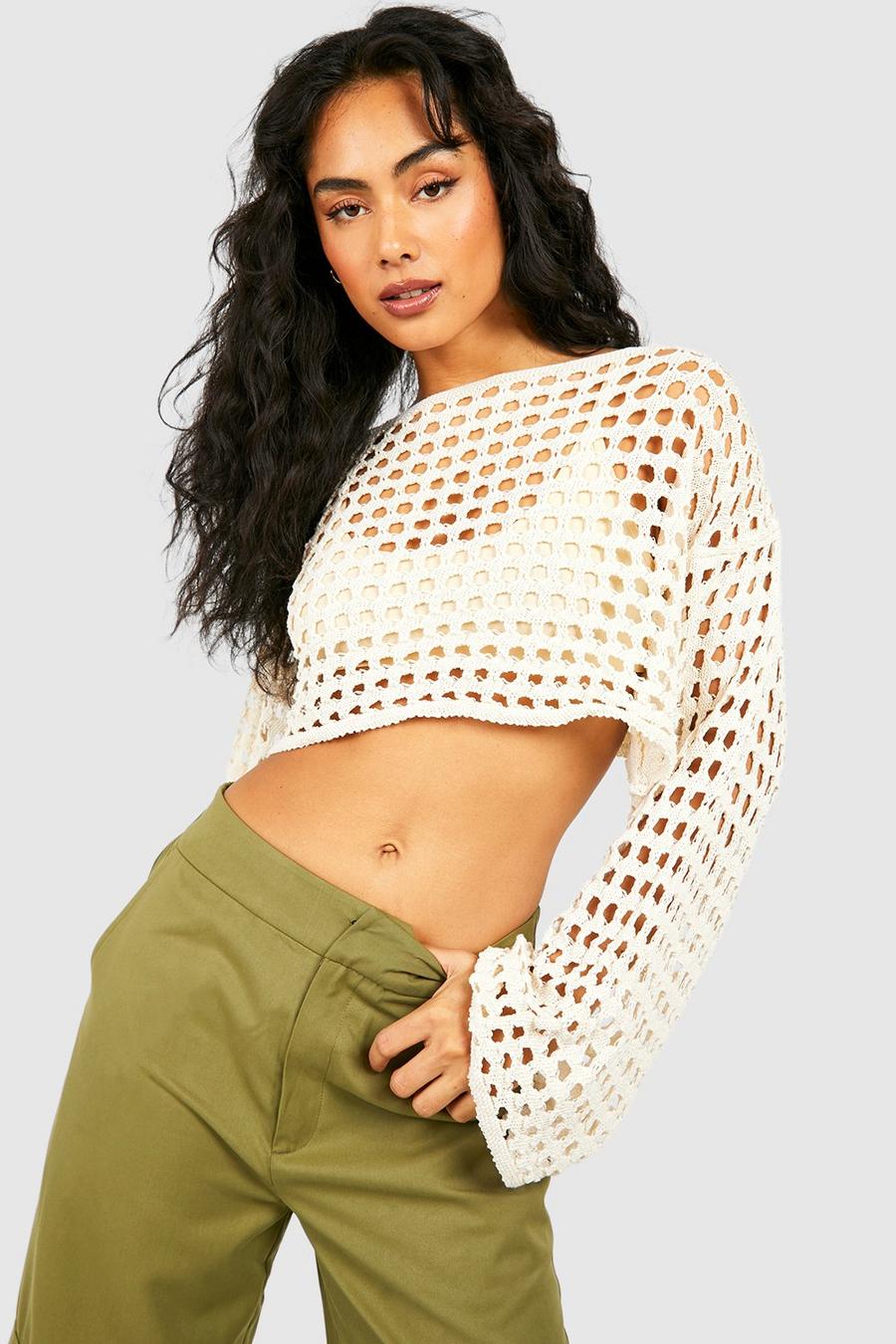 Ivory Crochet Crop Sweater image number 1