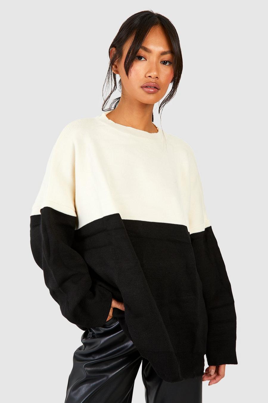 Pullover in maglia fine a blocchi di colore effetto patchwork, Black