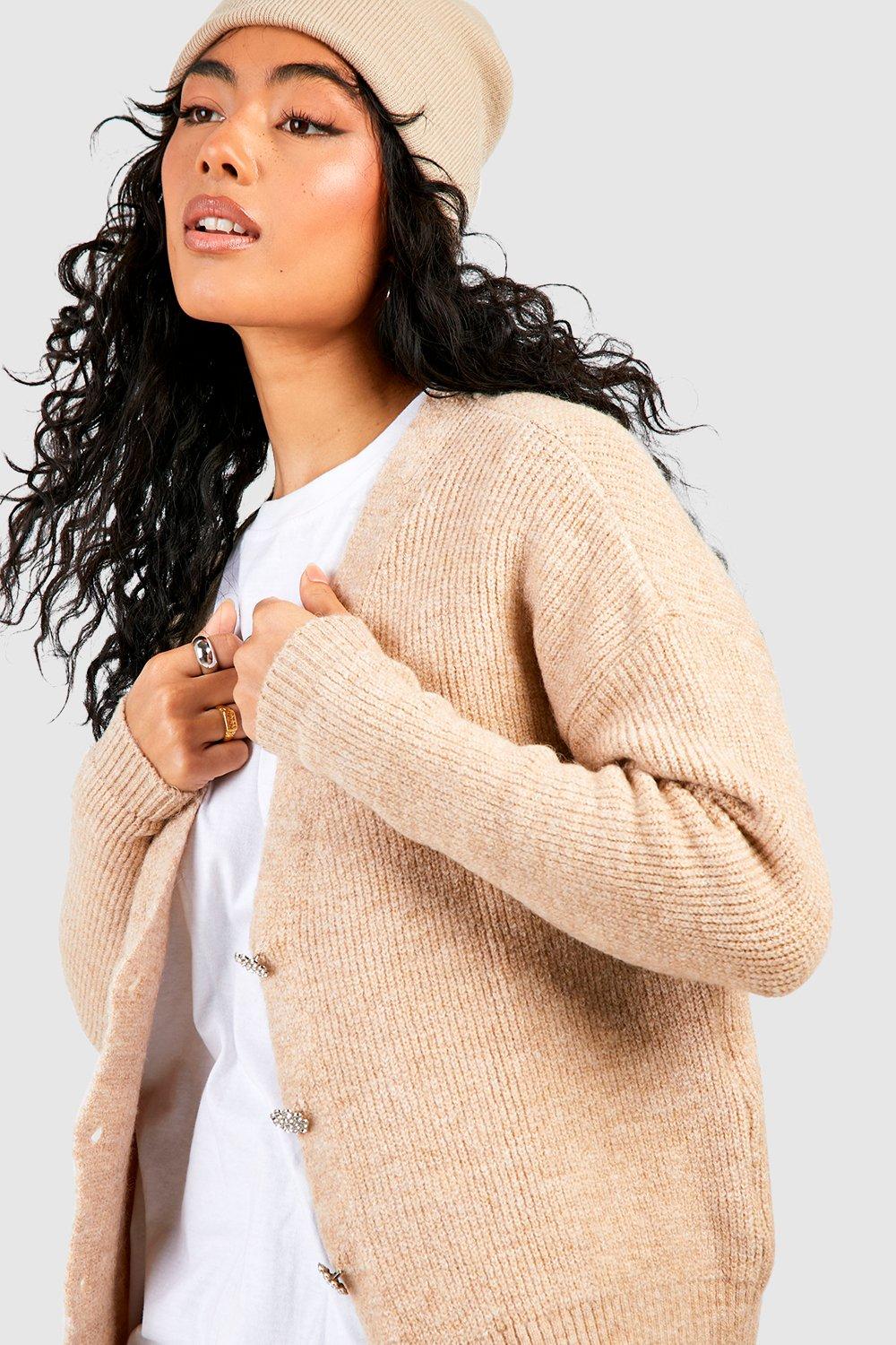 Rhinestone Button Soft Knit Slouchy Cardigan