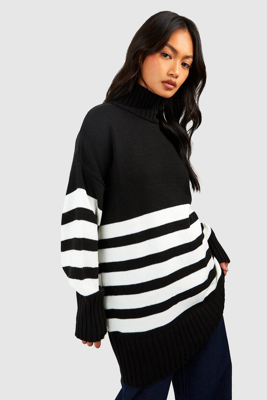 Black High Neck Stripe Sweater image number 1