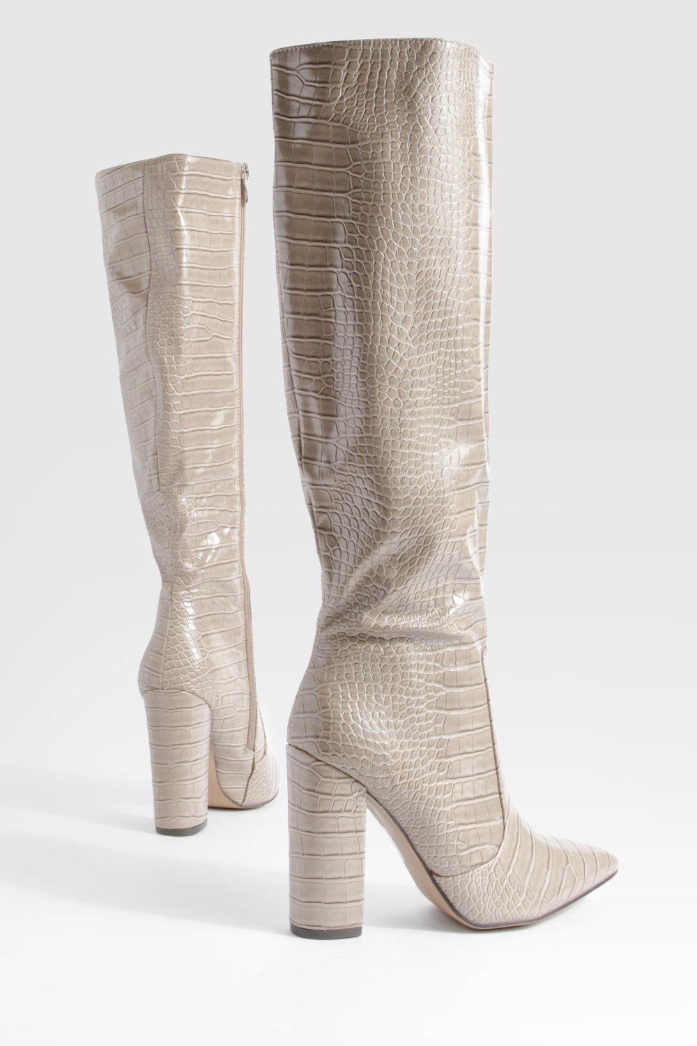 Snakeskin over the on sale knee boots block heel