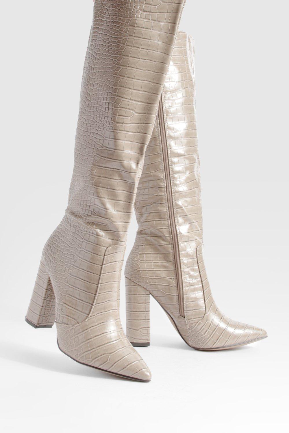 Beige croc knee high boots new arrivals