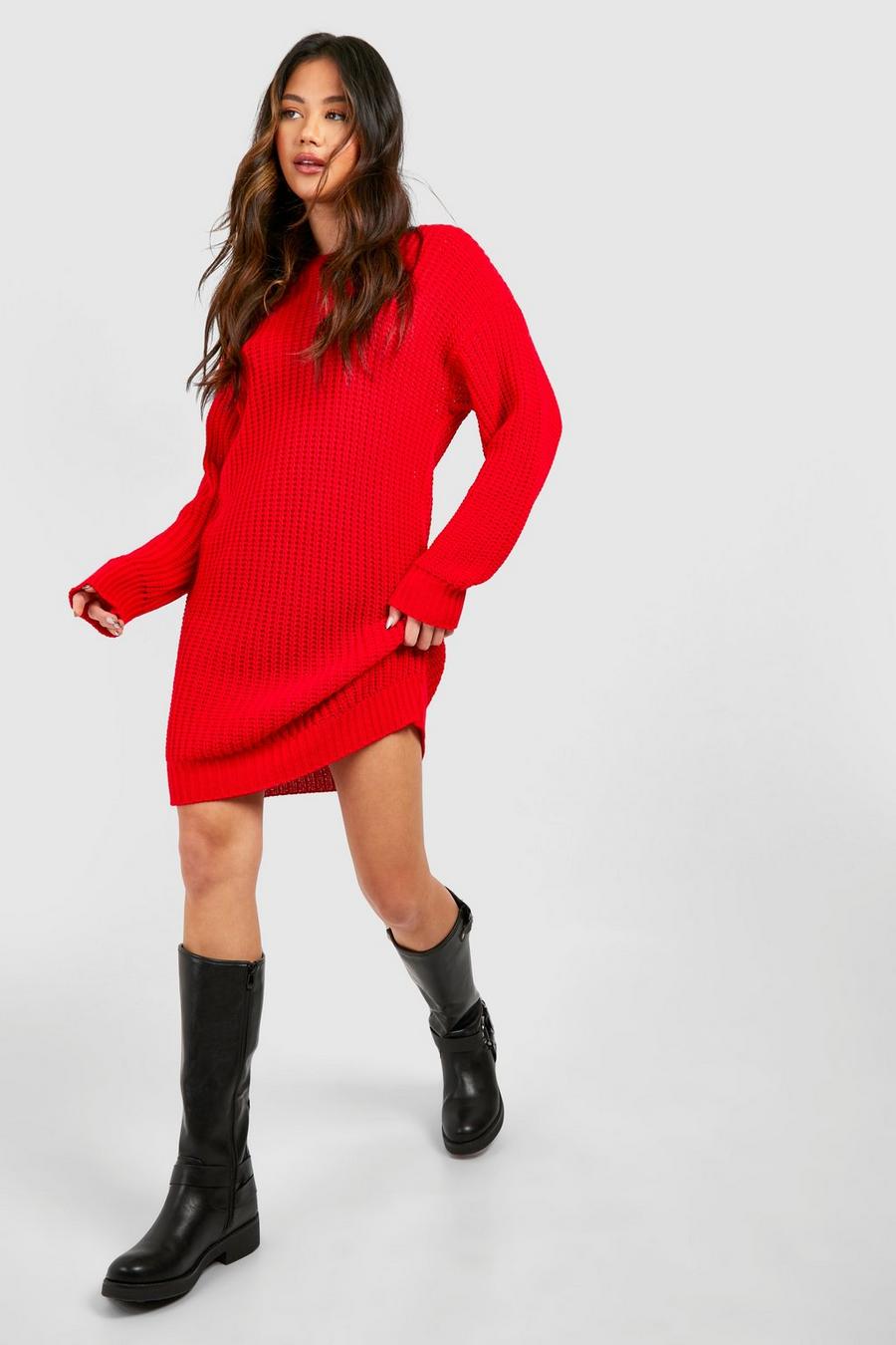 Red Crew Neck Mini Sweater Dress image number 1