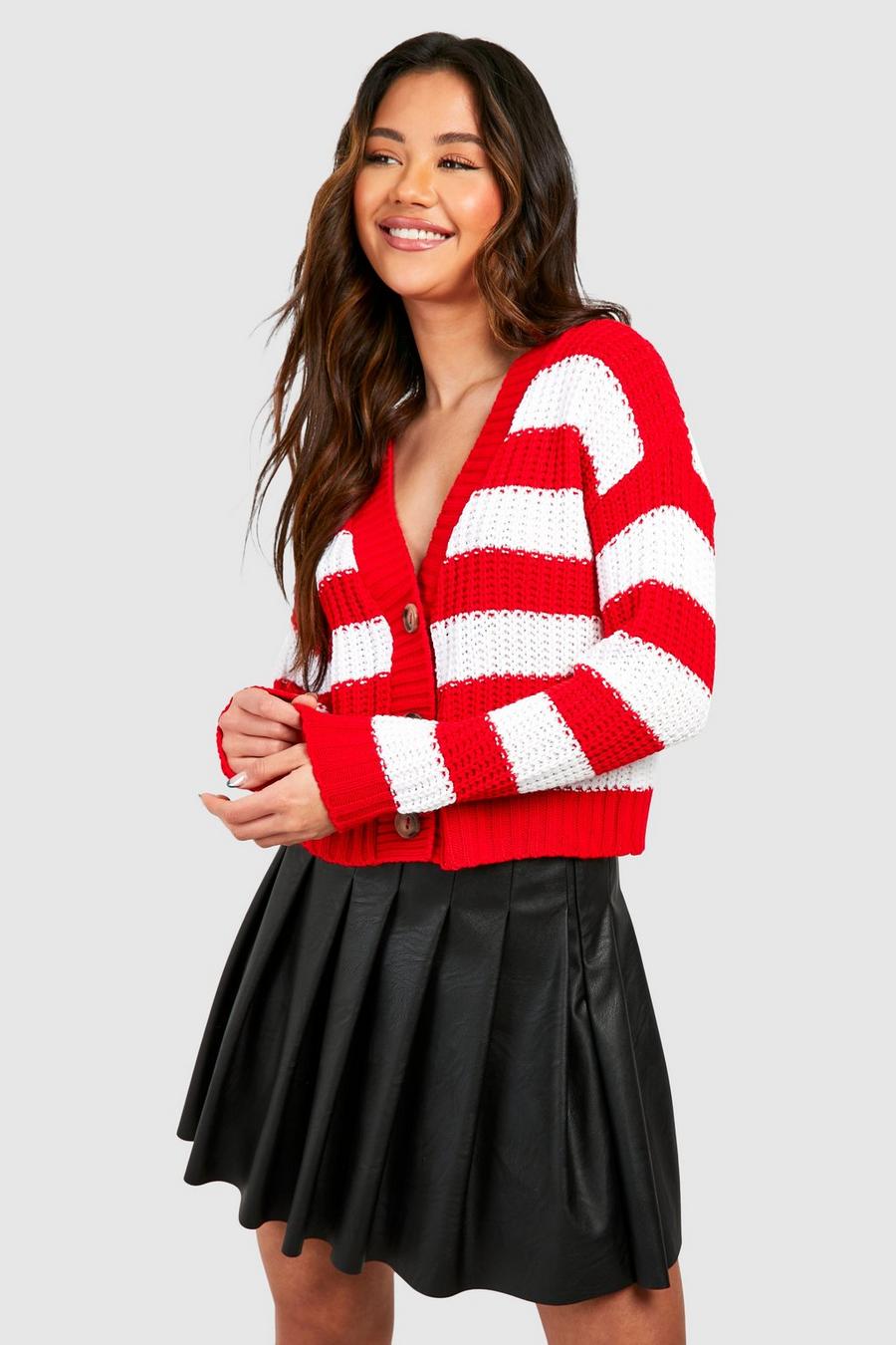 Red Wide Stripe Button Through Crop Cardigan  image number 1