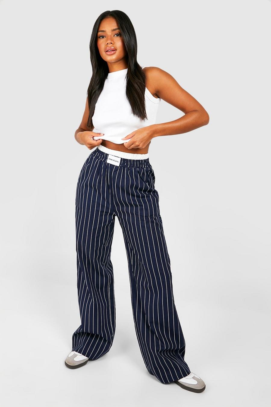 Navy Contrast Waistband Detail Stripe Pants image number 1