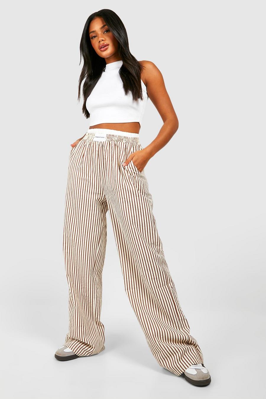 Chocolate Contrast Waistband Detail Stripe Trousers  image number 1