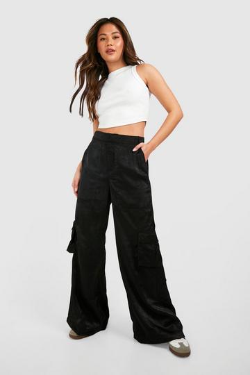 Satin Wide Leg Cargo Trousers black