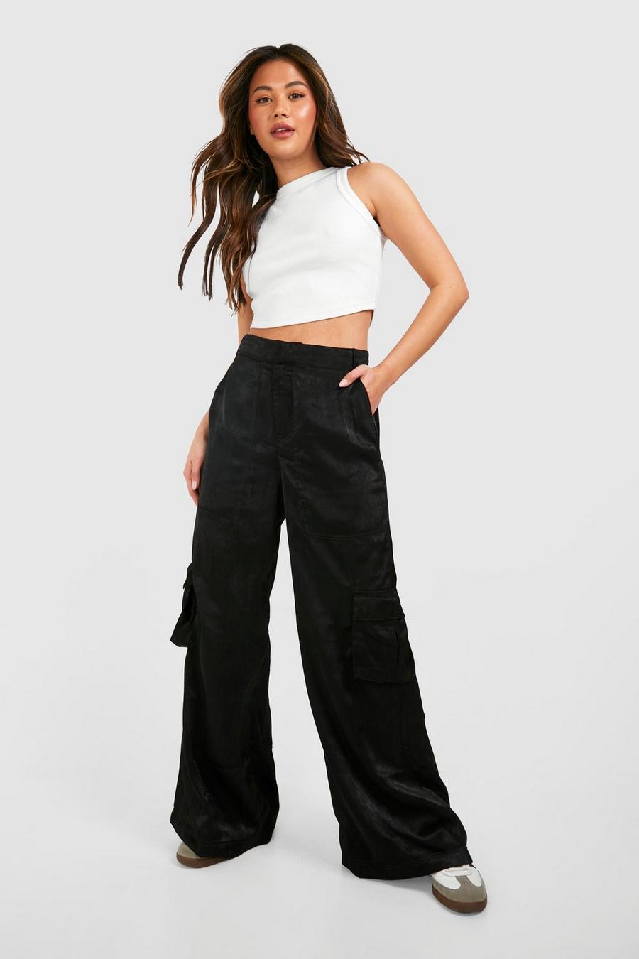 Black Satin Wide Leg Cargo Trousers image number 1