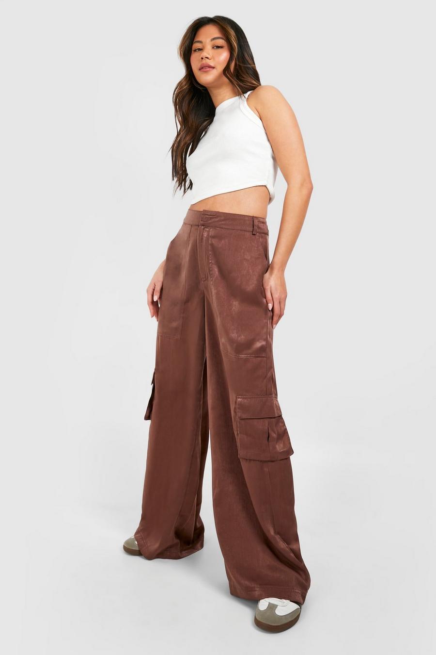Chocolate Satin Wide Leg Cargo Trousers image number 1