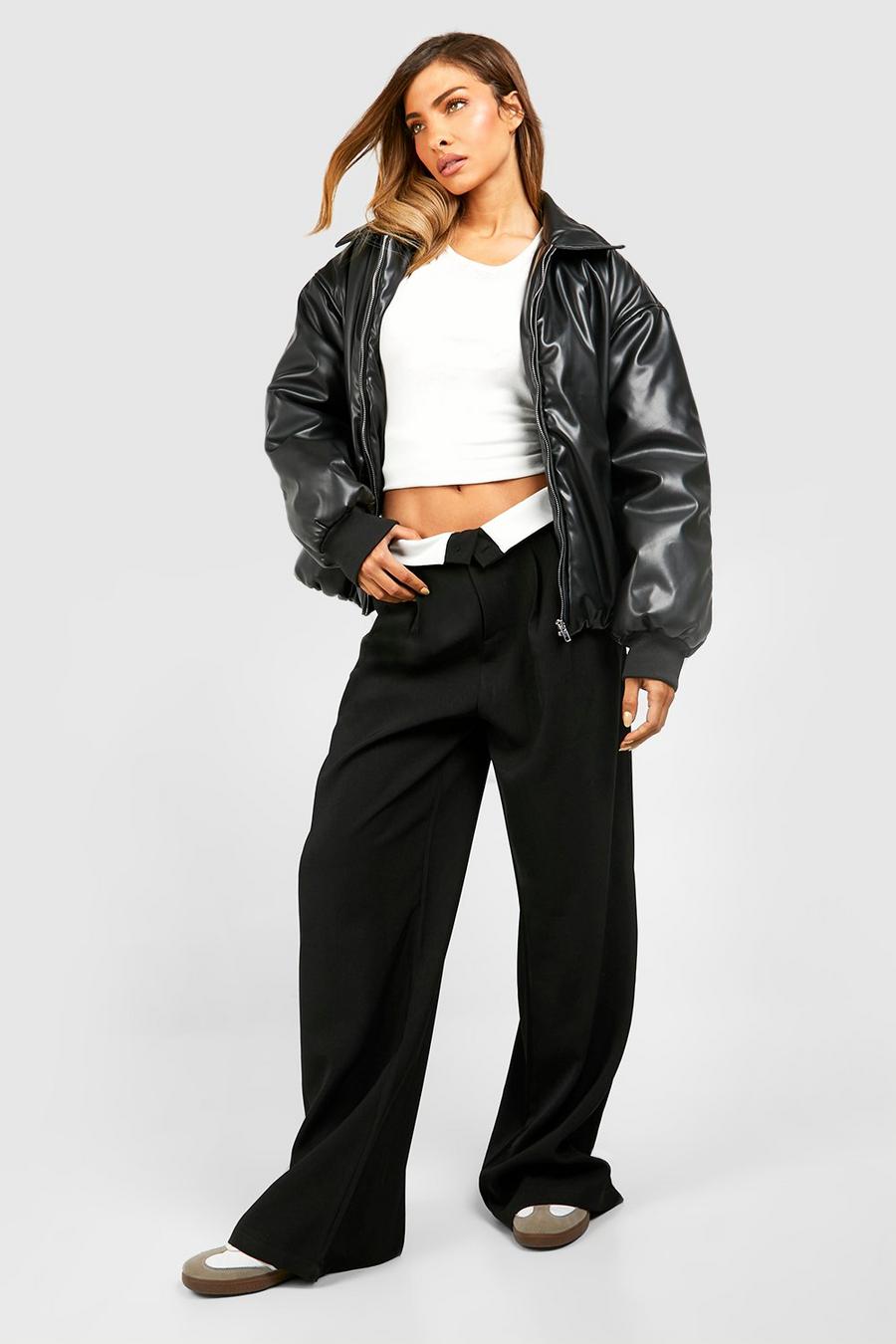 Black Contrast Waistband Detail Straight Leg Pants image number 1