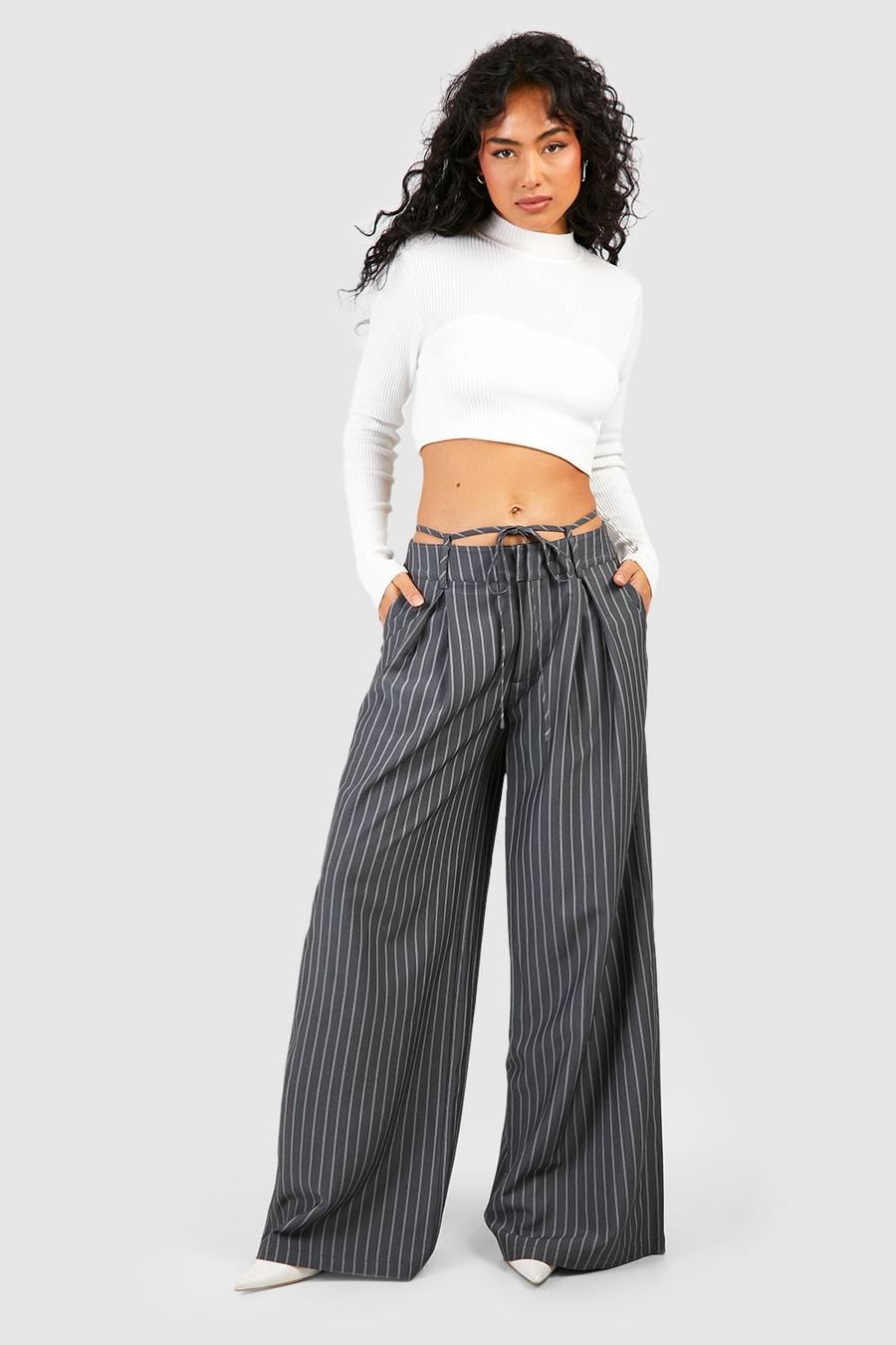 Pantalon large à taille contrastante, Charcoal image number 1