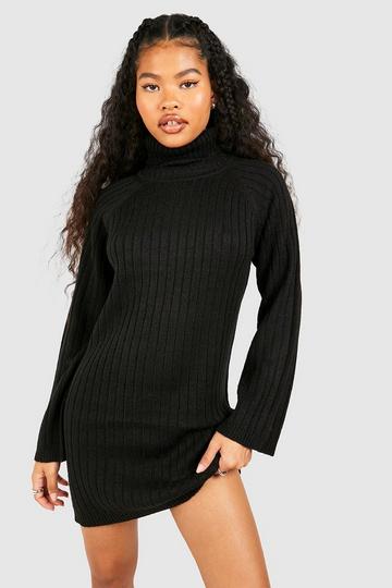 Black Petite Turtleneck Wide Sleeve Sweater Dress