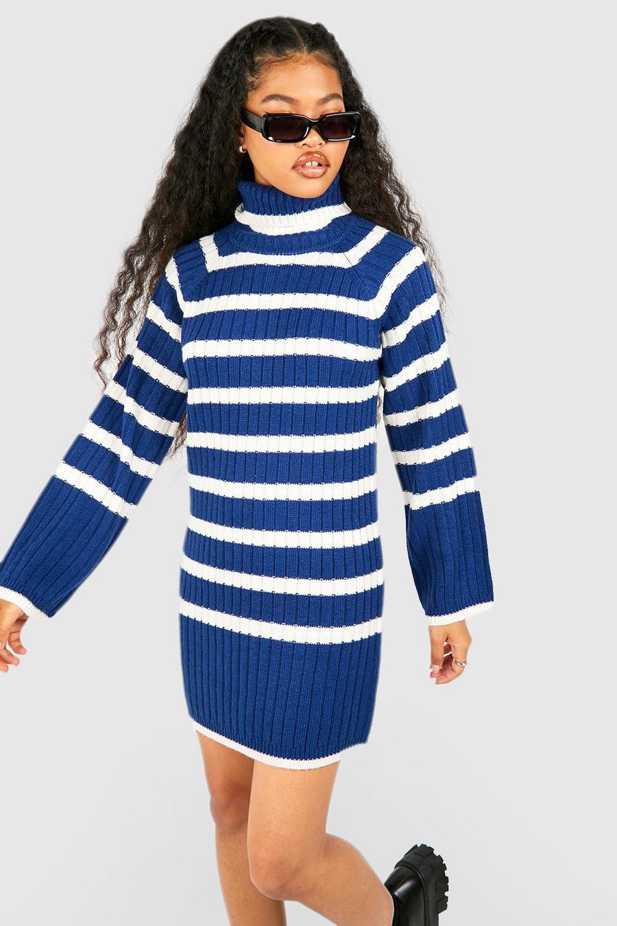 Navy Petite Roll Neck Wide Sleeve Stripe Jumper Dress