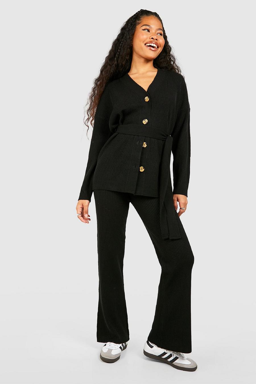 Black Petite Slouchy Belted Cardigan And Wide Leg Knit Set image number 1