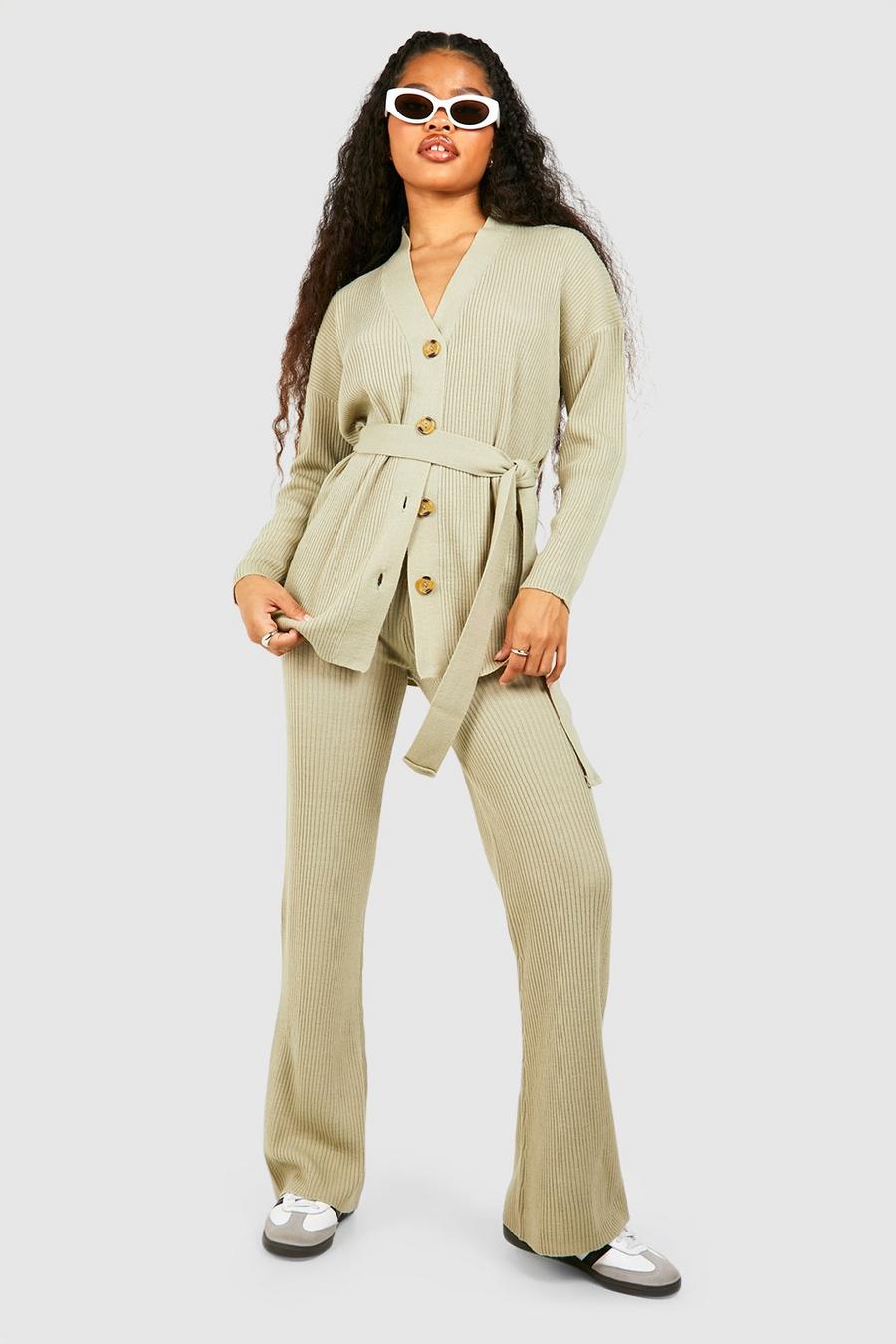 Washed khaki Petite Slouchy Belted Cardigan And Wide Leg Knit Set image number 1