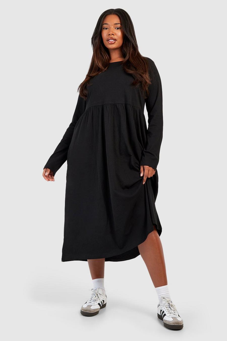 Vestito grembiule midi Plus Size in cotone a maniche lunghe, Black image number 1