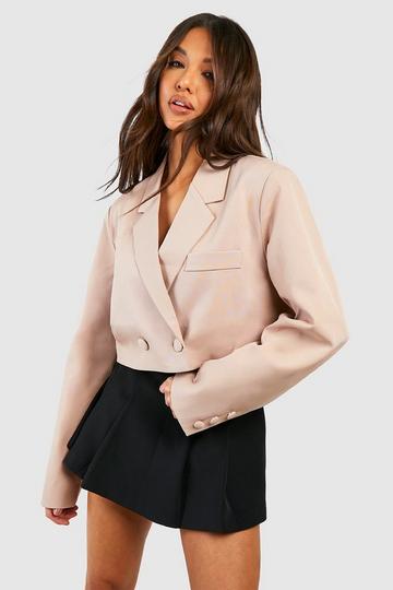 Camel Beige Double Breasted Boxy Crop Blazer