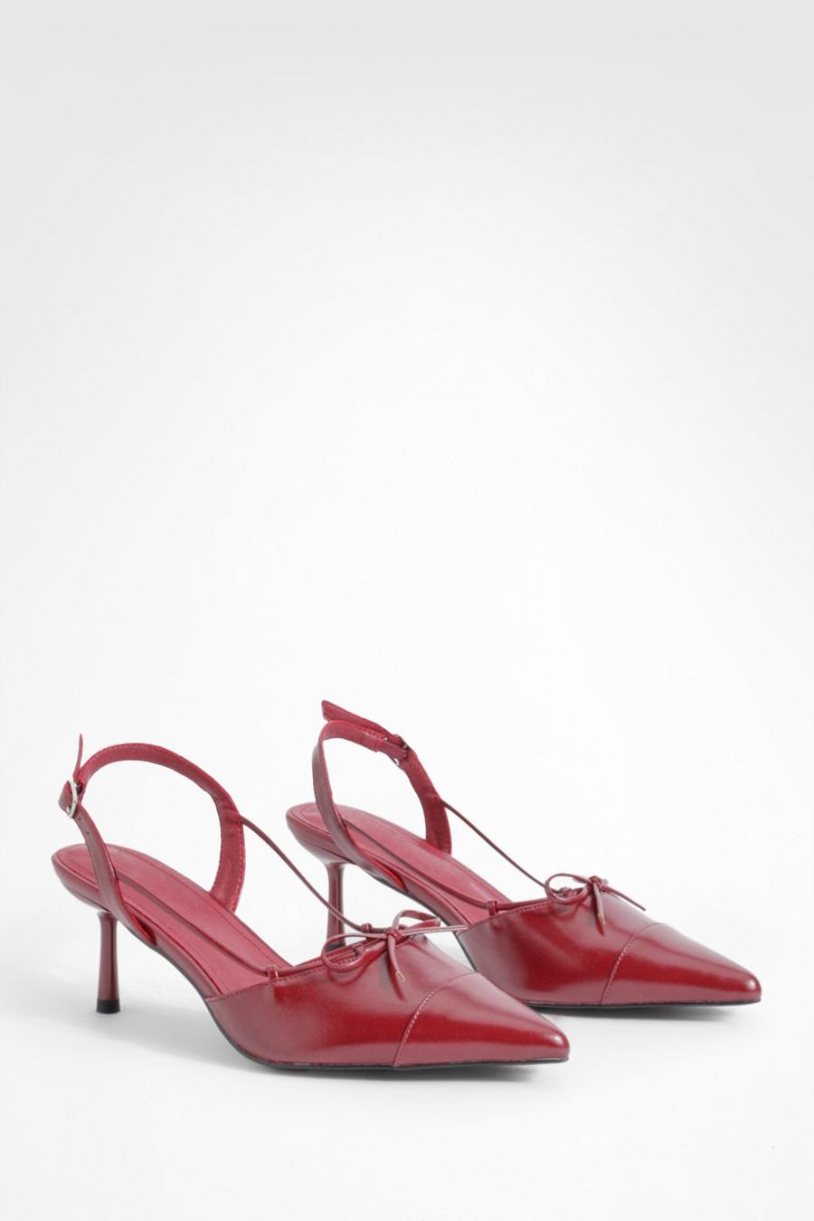 Burgundy Wide Fit Bow Detail Toe Cap Court Shoes image number 1