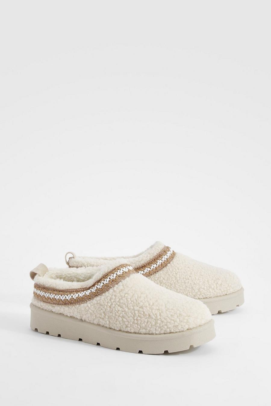 Beige Embroidered Detailing Borg Slip On Cosy Mules            image number 1