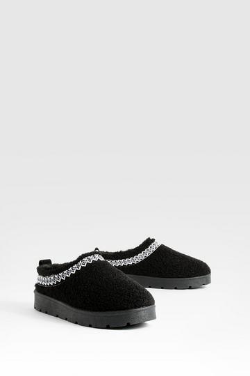 Embroidered Detailing Borg Slip On Cosy Mules black