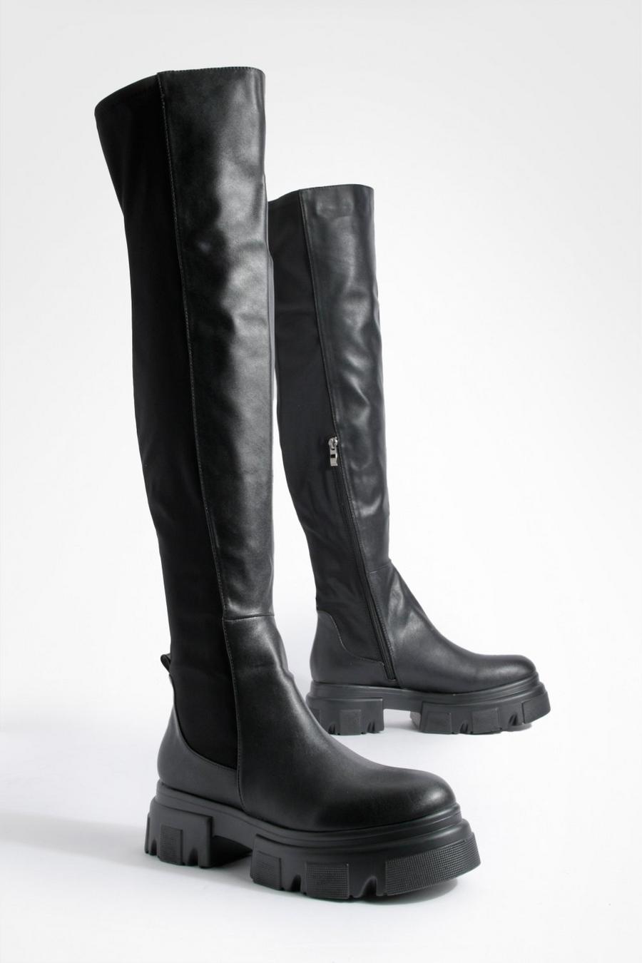 Black svart Stretch Panel Chunky Knee High Boots