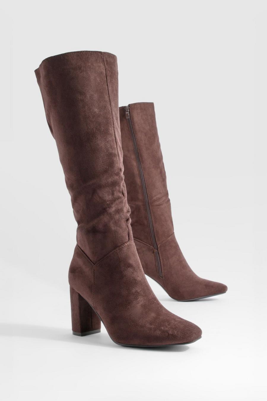 Chocolate Slouchy Block Heel Knee High Boots image number 1
