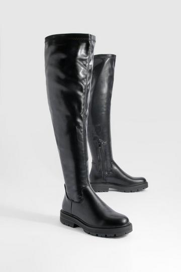 Black Stretch Chunky Over The Knee Boots