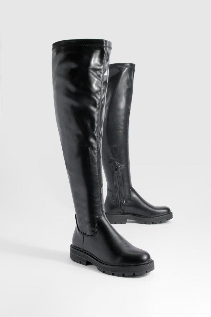 Black noir Stretch Chunky Over The Knee Boots 