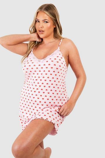 Plus Heart Print Lace Strappy Pj Nightgown pink