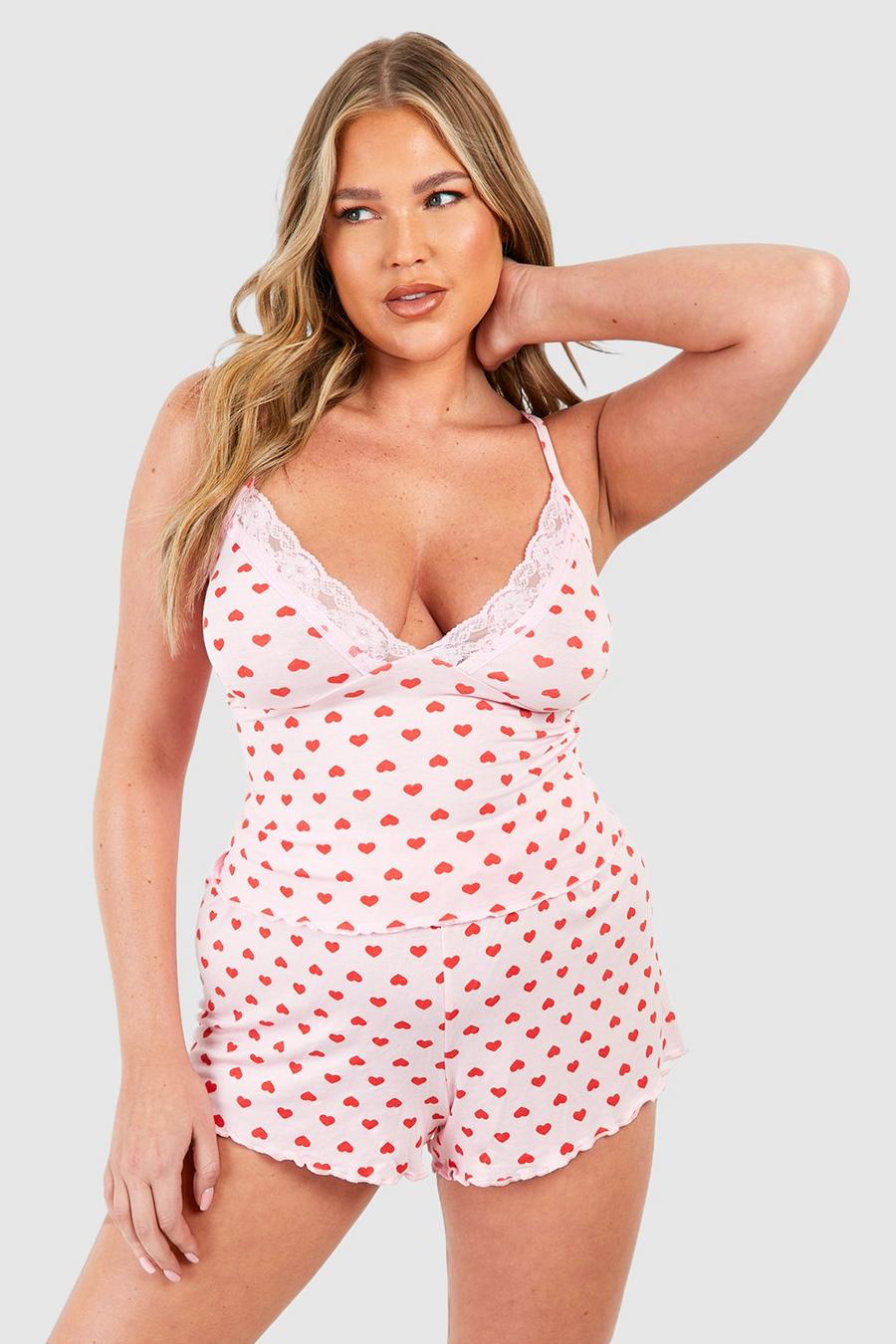 Grande taille - Ensemble de pyjama en jersey à imprimé cœur, Pink image number 1