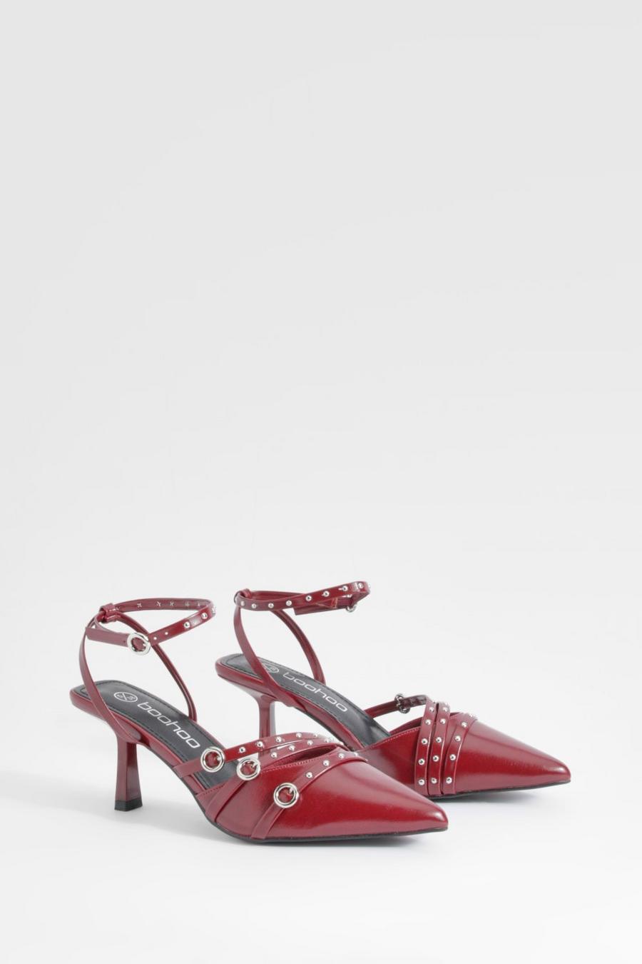 Burgundy Low Stiletto Buckle Detail Court Shoe    image number 1