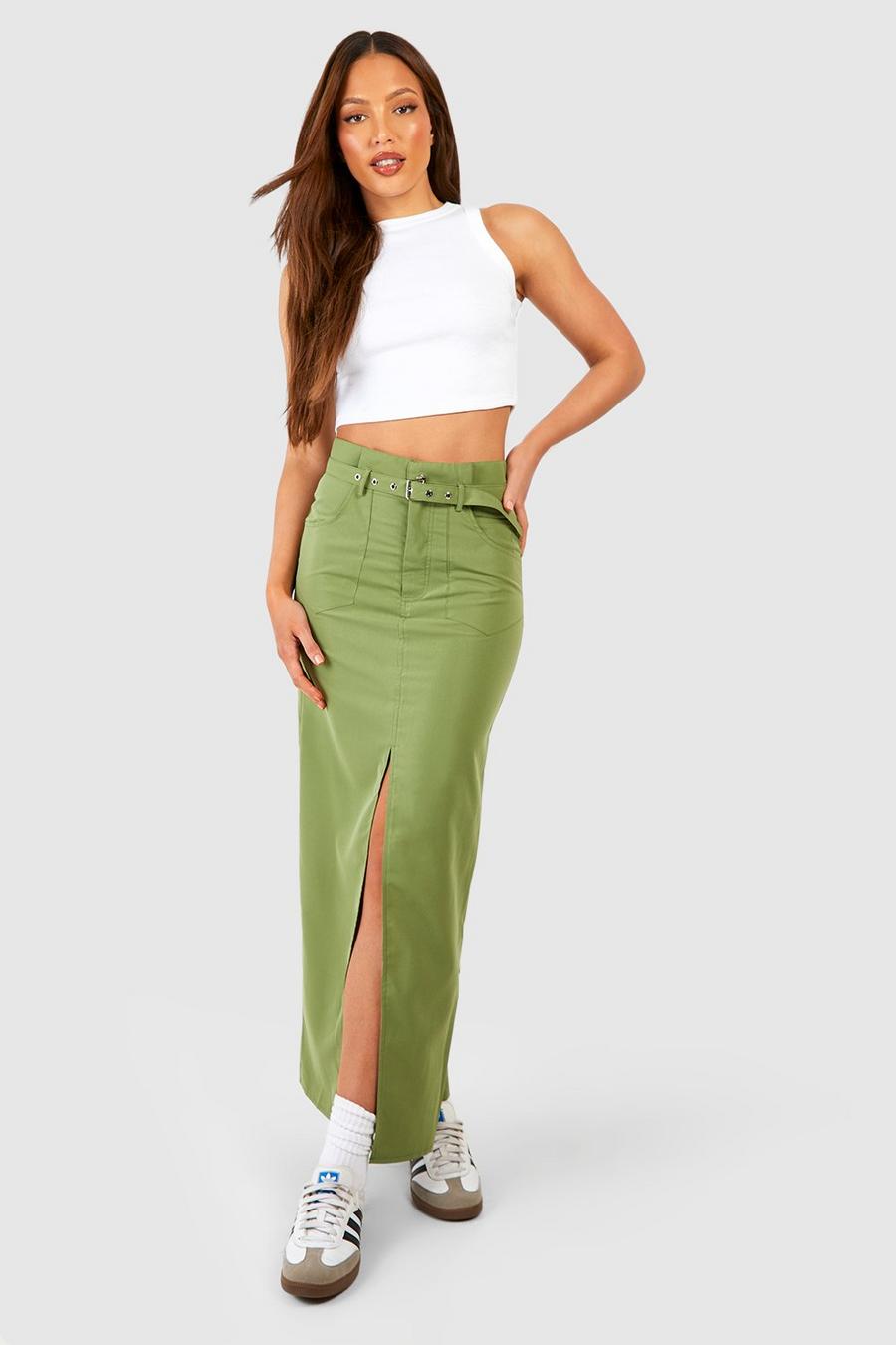 Khaki Tall Woven Eyelet Belted Maxi Skirt  image number 1