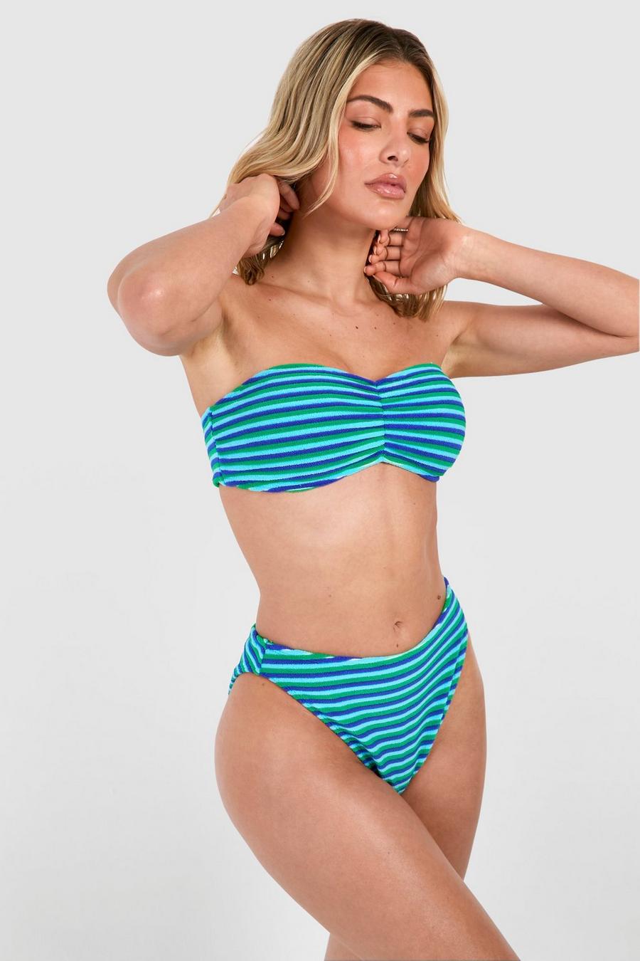Blue Stripe Towelling Ruched Bandeau Bikini Set