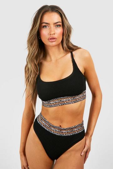 Gekreukelde Gestreepte Luipaardprint Bikini Top Met Lage Ronde Hals black