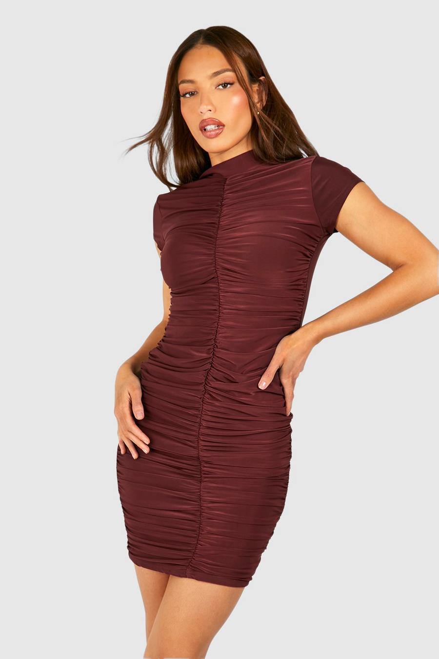 Chocolate Tall Double Slinky Ruched Front Mini Dress