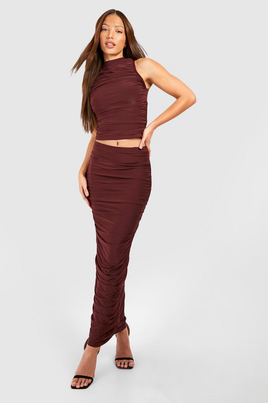 Chocolate Tall Double Slinky Ruched Midaxi Skirt