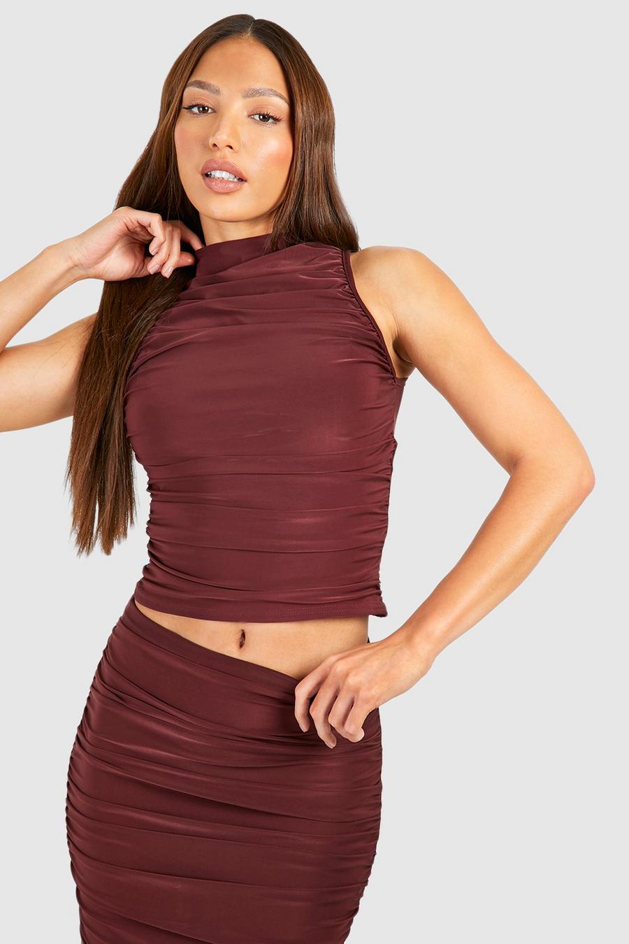 Chocolate Tall Double Slinky Ruched Front Racer Top 