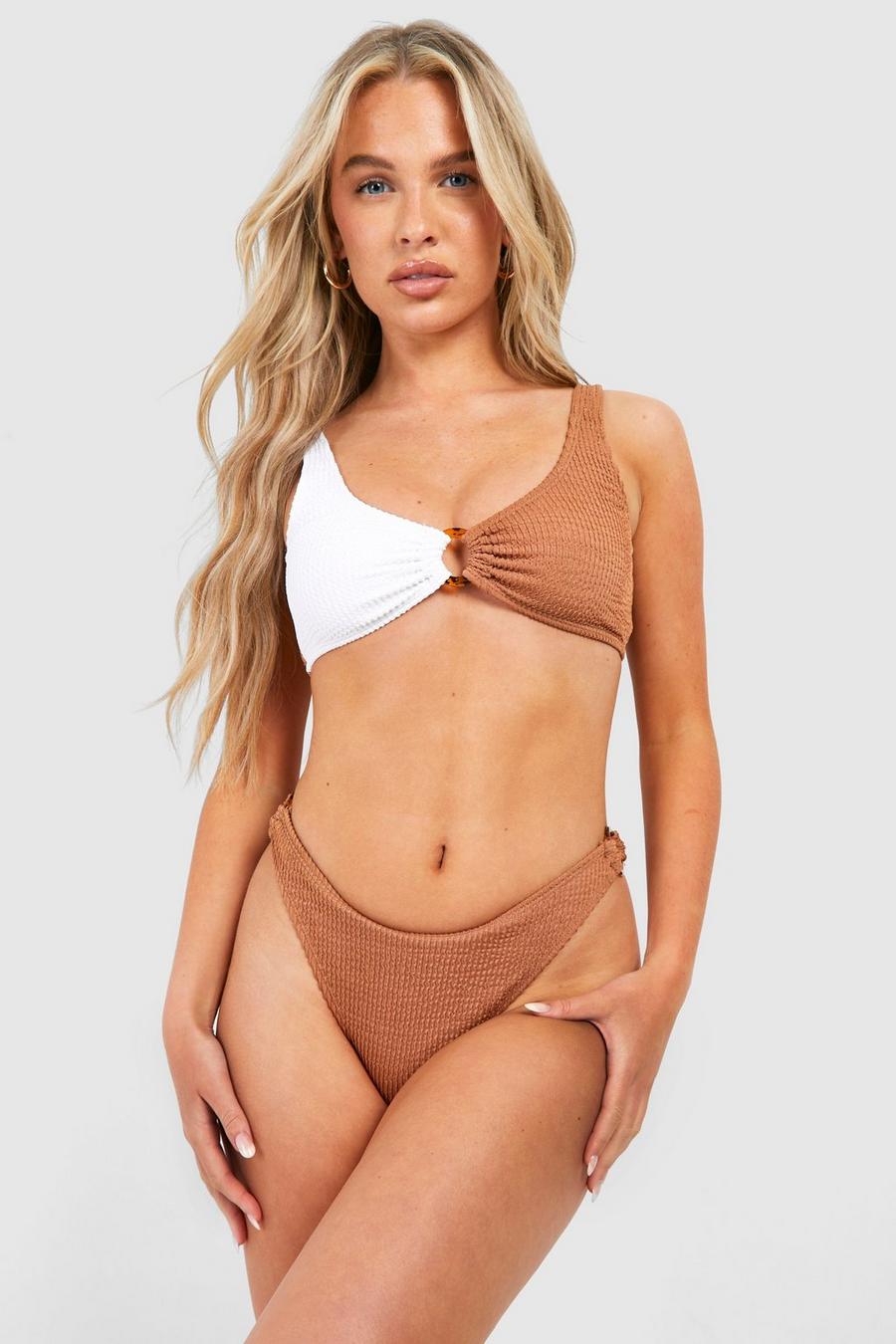 Bikini color block avec haut brassière et bas taille haute, Caramel image number 1
