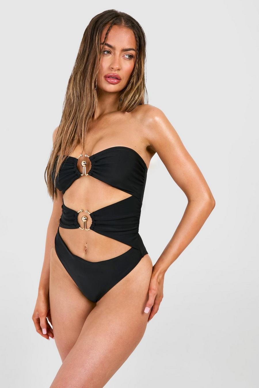 Black Strapless Cut Out Badpak Met Gouden Zoom image number 1