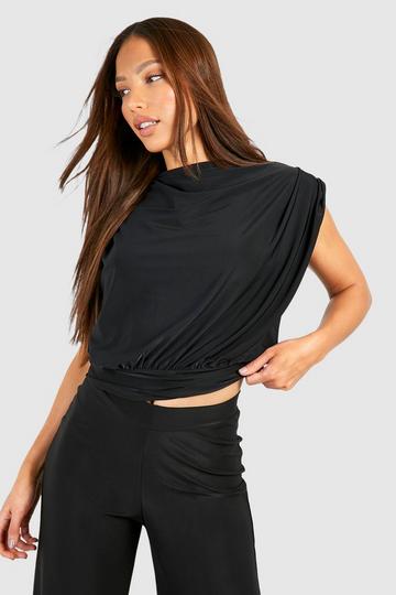 Tall Double Slinky Ruched Shoulder Draped Top black