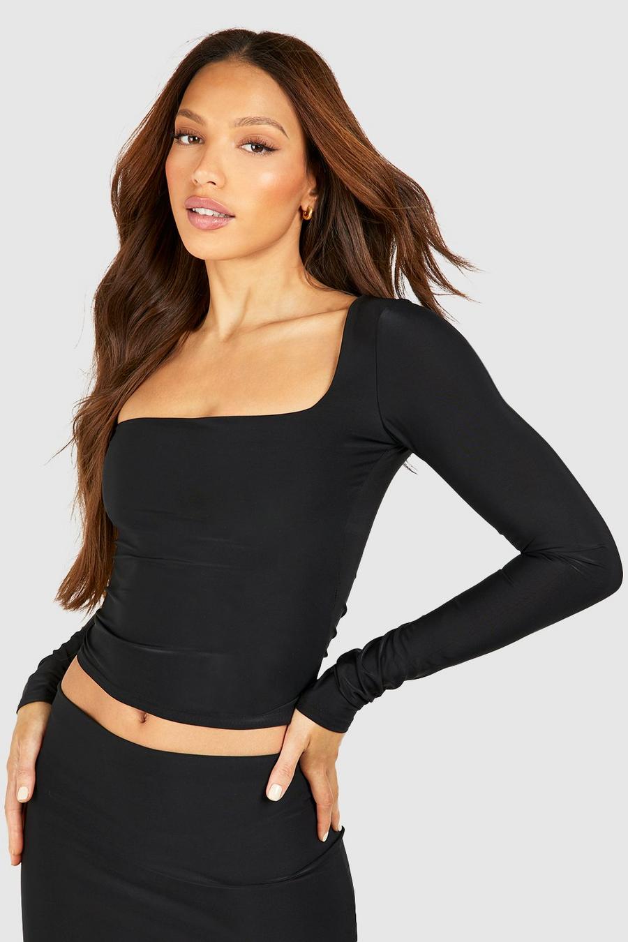 Black Tall Double Slinky Sqaure Neck Top 