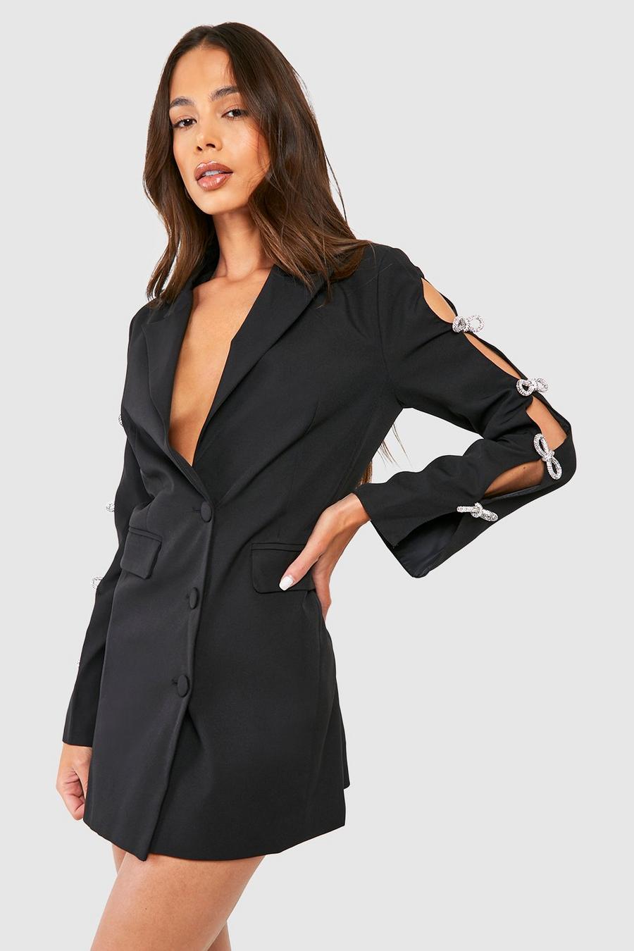 Vestido americana Premium ajustado con lazo e incrustaciones, Black image number 1
